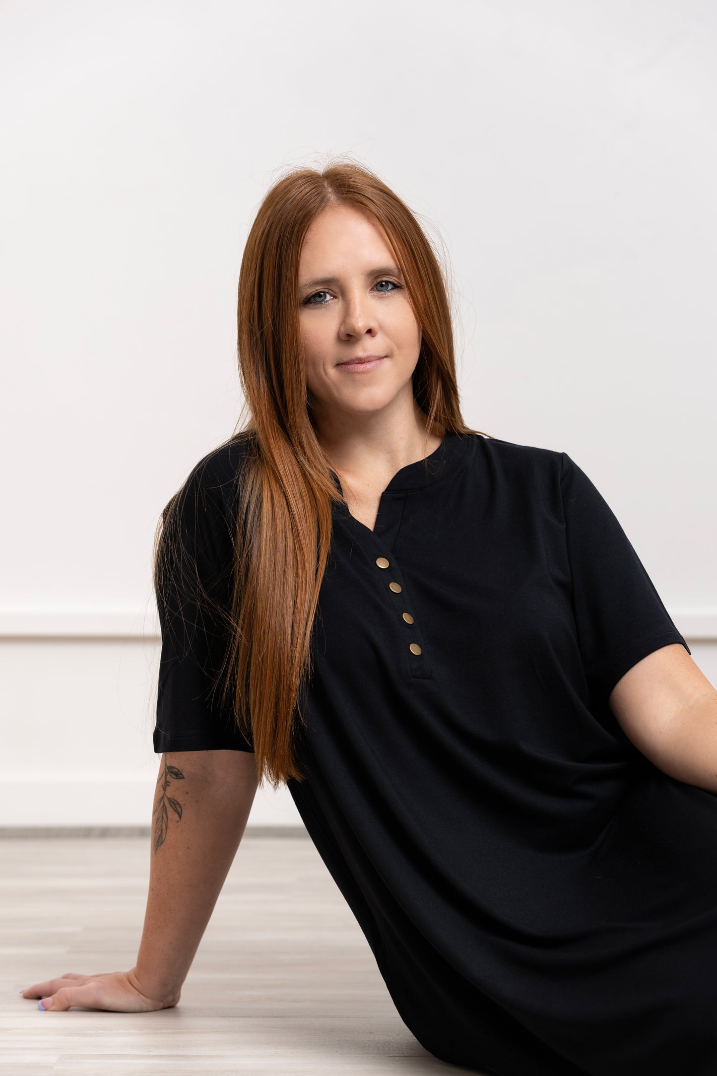 Women Modal Nightgown worn by a woman with long red hair, featuring a black design and button neckline.