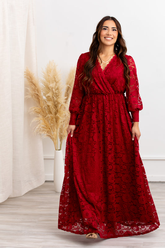 Carolina Crimson Lace Maxi Dress