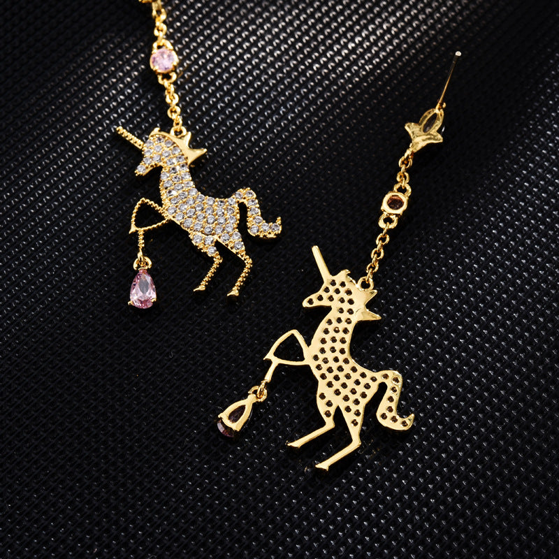 Crystal Unicorn Drop Earrings – Gold with Pink Gem Accents
