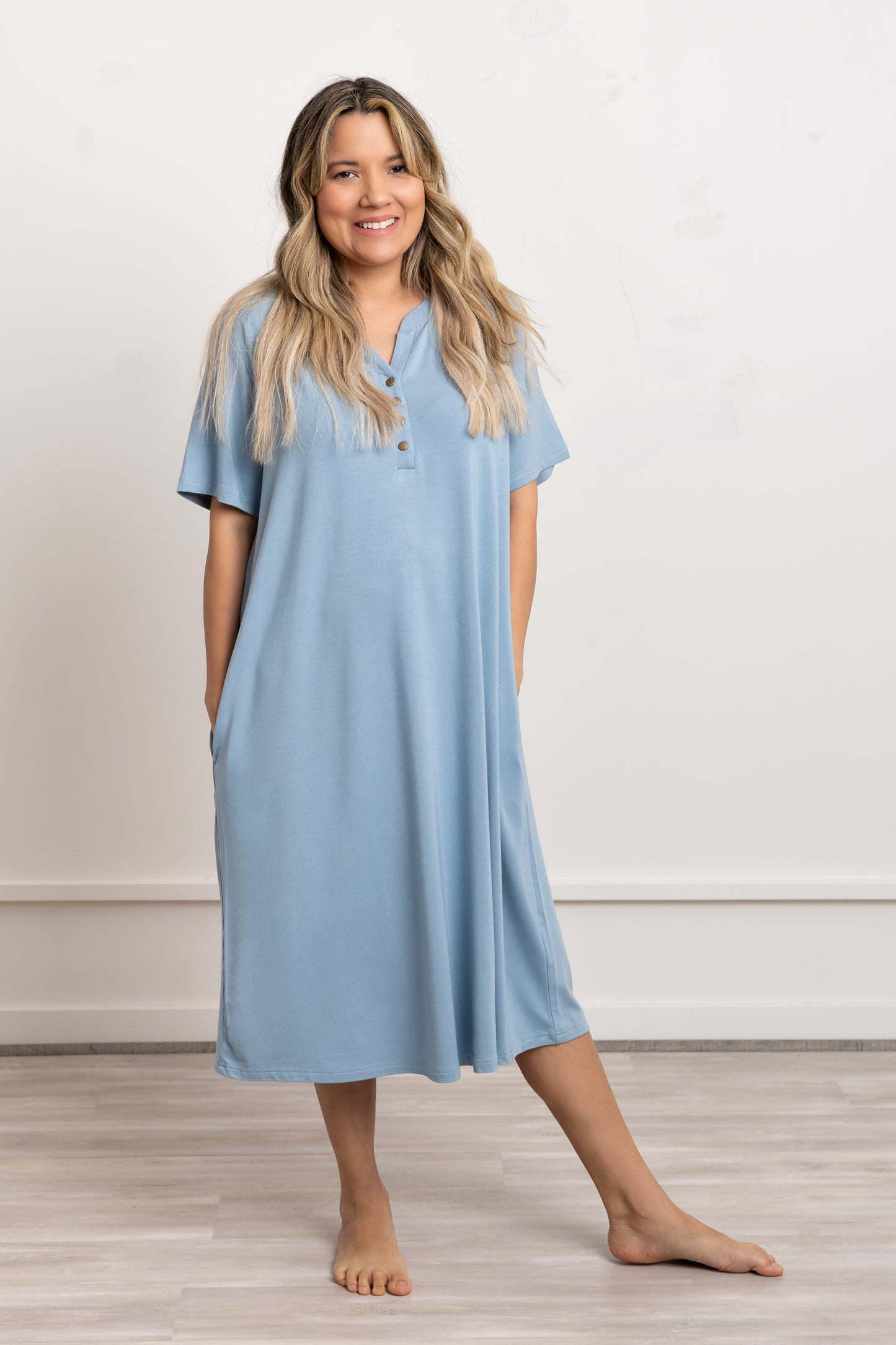 Women Modal Nightgown in soft blue worn by a model, showcasing comfortable and stylish nightwear.
