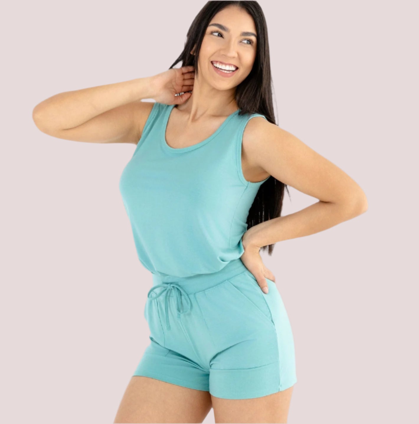 Women Modal Pajama Set in soft turquoise, featuring a tank top and shorts, ideal for comfort and relaxation.