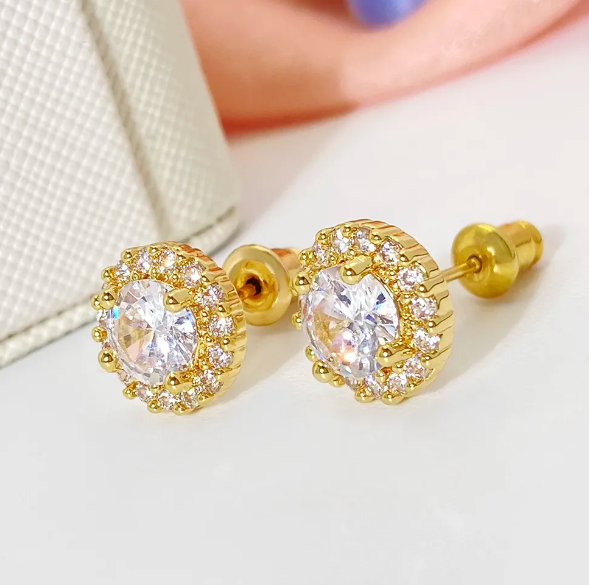Elegant Gold-Plated Stud Earrings Sparkling Round Cubic Zirconia β 925 Sterling Silver