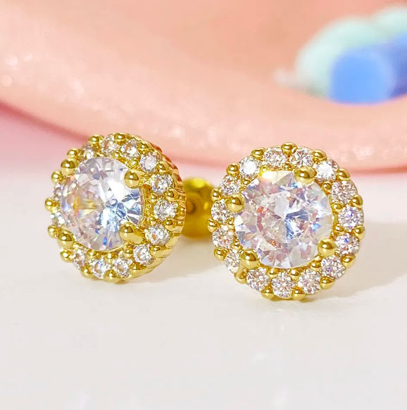 Elegant Gold-Plated Stud Earrings Sparkling Round Cubic Zirconia β 925 Sterling Silver