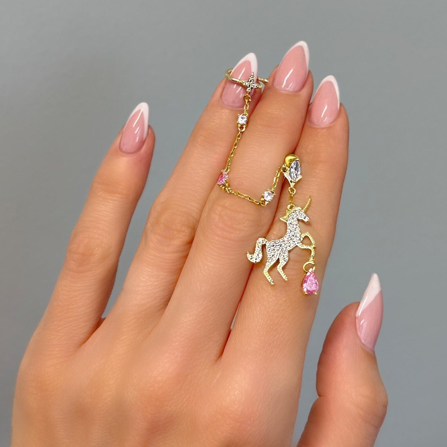 Crystal Unicorn Chain Earring with Cuff – Gold & Pink Gem Accents
