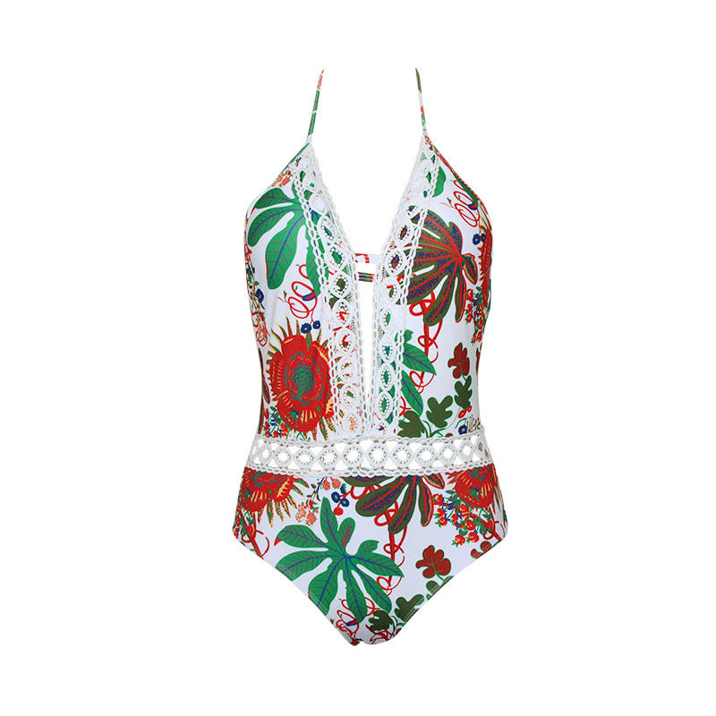 WELL LACE FLORAL HALTER ONE-PIECE SWIMSUIT