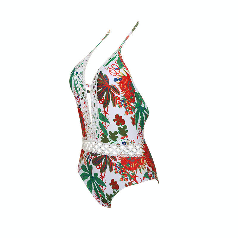 WELL LACE FLORAL HALTER ONE-PIECE SWIMSUIT