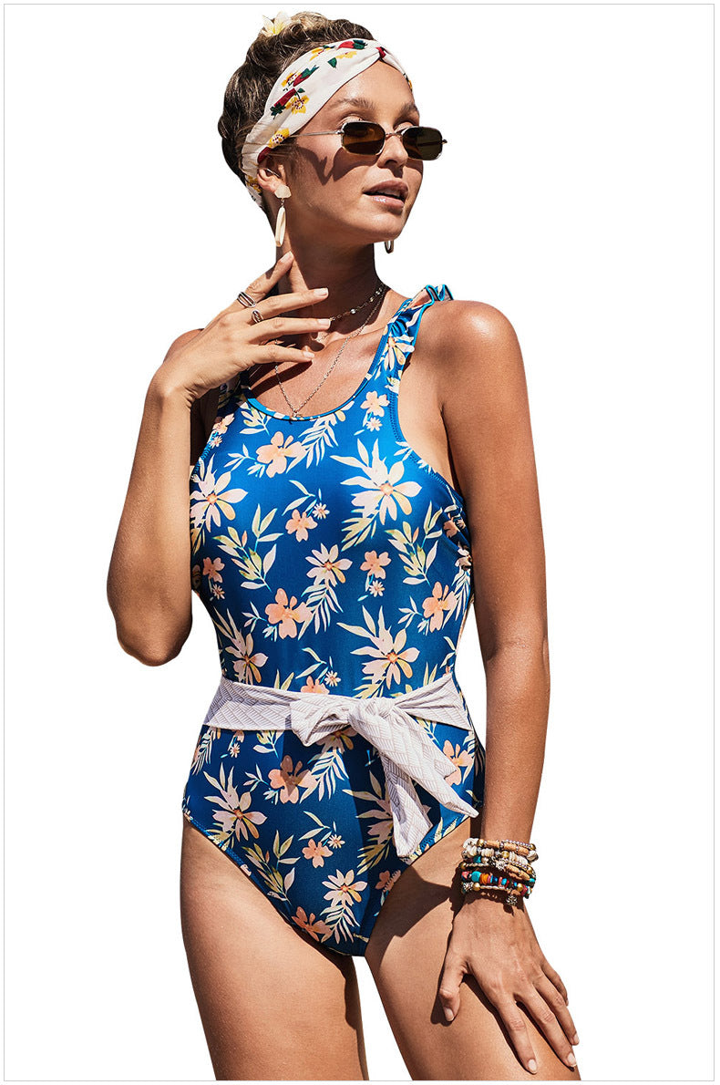 BLUE FLORAL RUFFLED ONE-PIECE SWIMSUIT