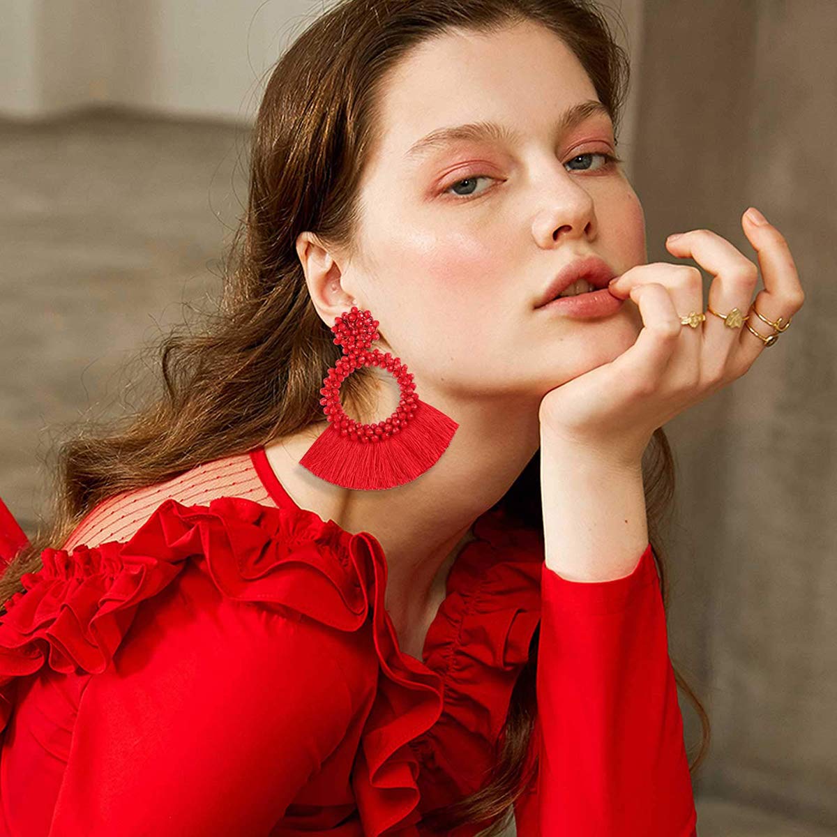 ROUND BEADED TASSEL EARRINGS