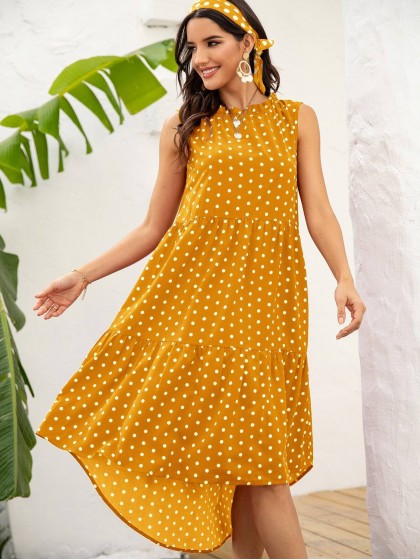 POLKA DOT RUFFLE HEM MIDI DRESS
