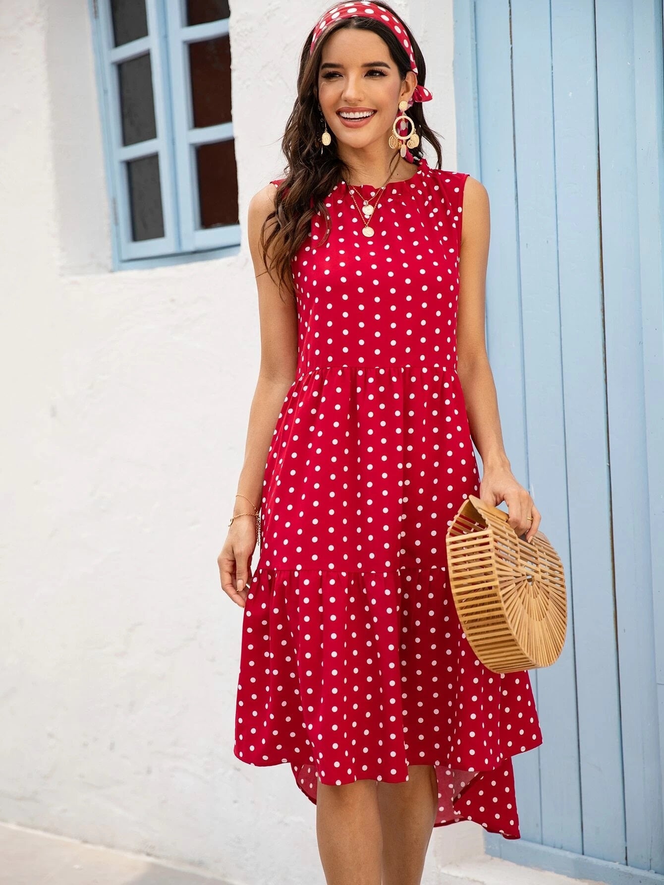 POLKA DOT RUFFLE HEM MIDI DRESS