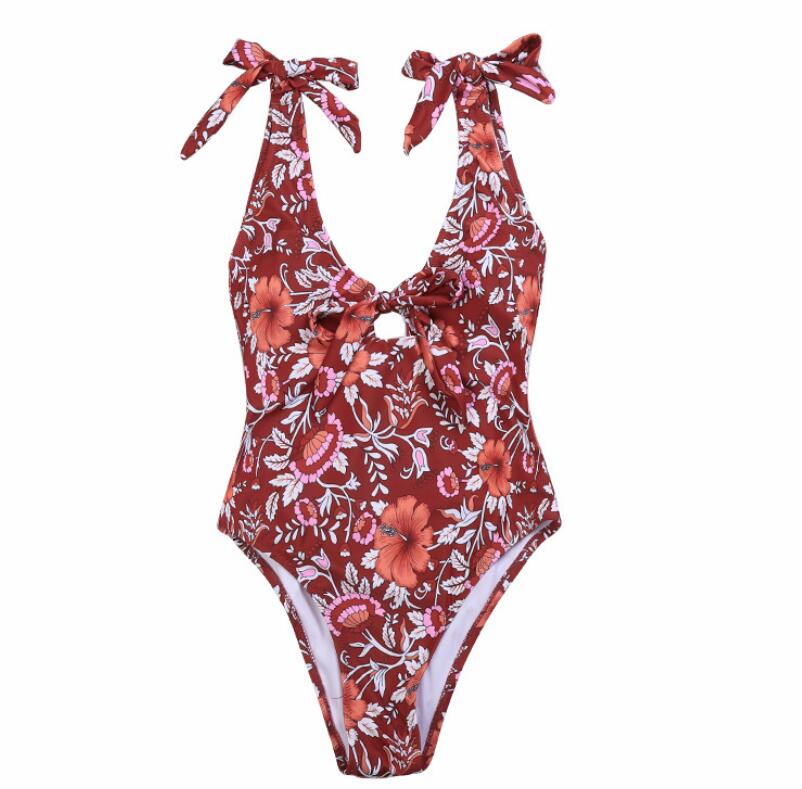 RED FLORAL SELF-TIE ONE PIECE SWIMSUIT
