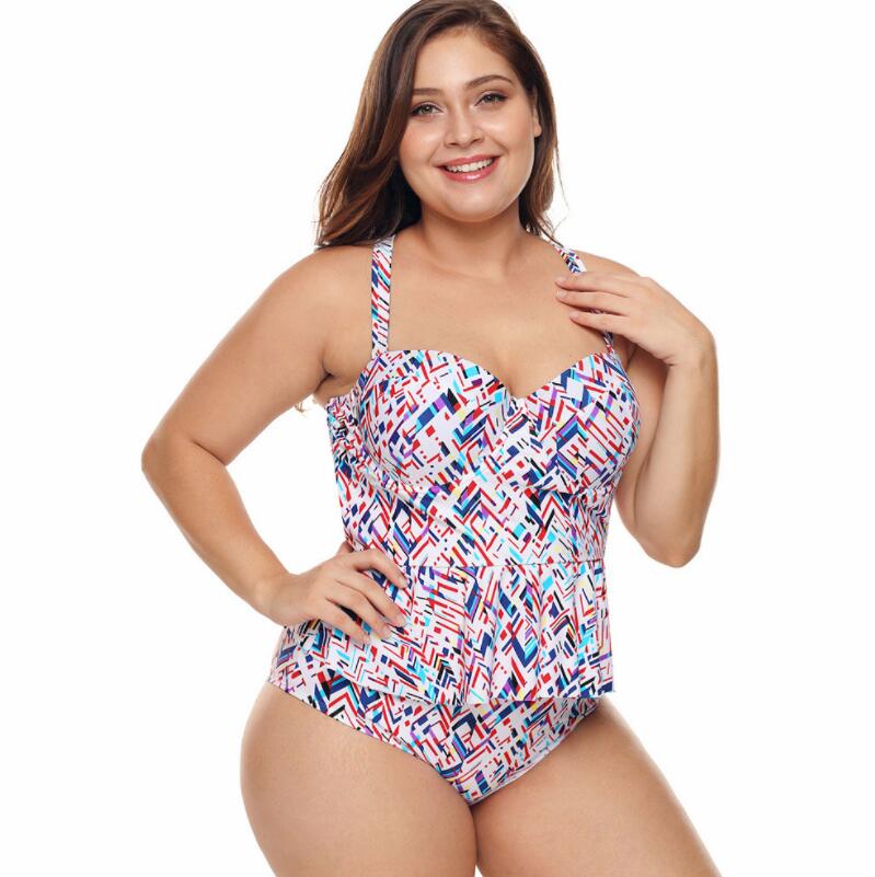 RUFFLED PLUS SIZE BIKINI GEOMETRIC PRINT