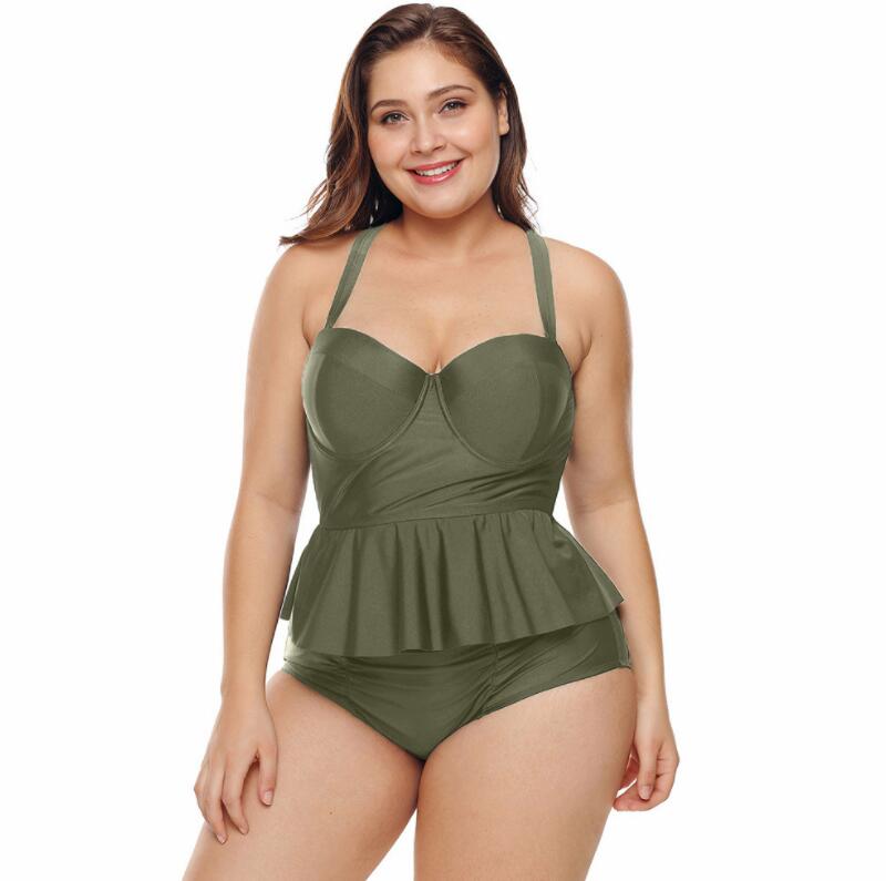 RUFFLED PLUS SIZE BIKINI SOLID SAGE SWIMSUIT