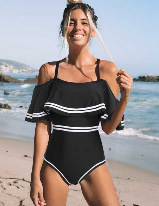 OFF SHOULDER RUFFLED ONE PIECE SWIMSUIT