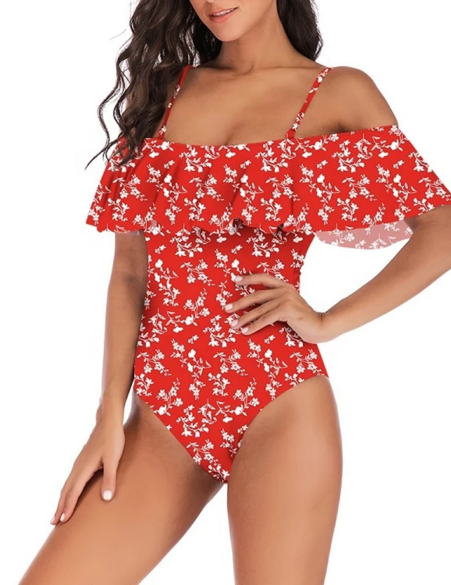 VINTAGE OFF SHOULDER RUFFLED RED FLORAL SWIMSUIT