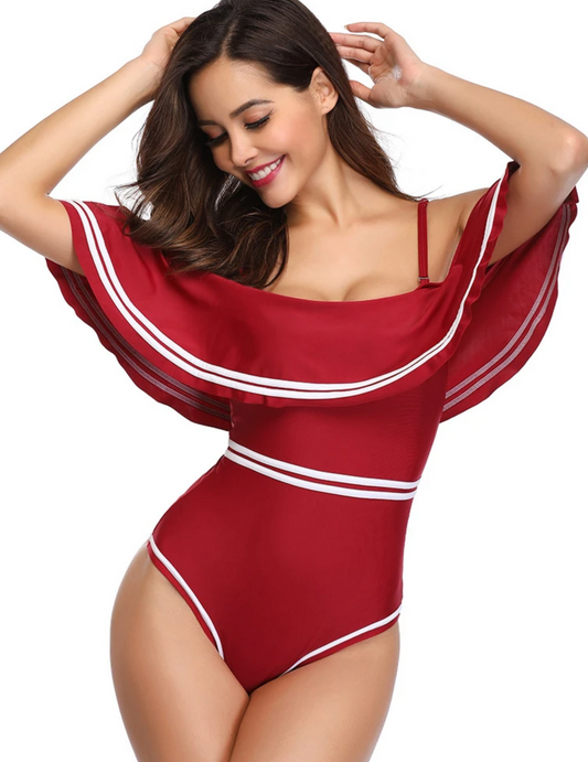 OFF SHOULDER RUFFLED ONE PIECE SWIMSUIT