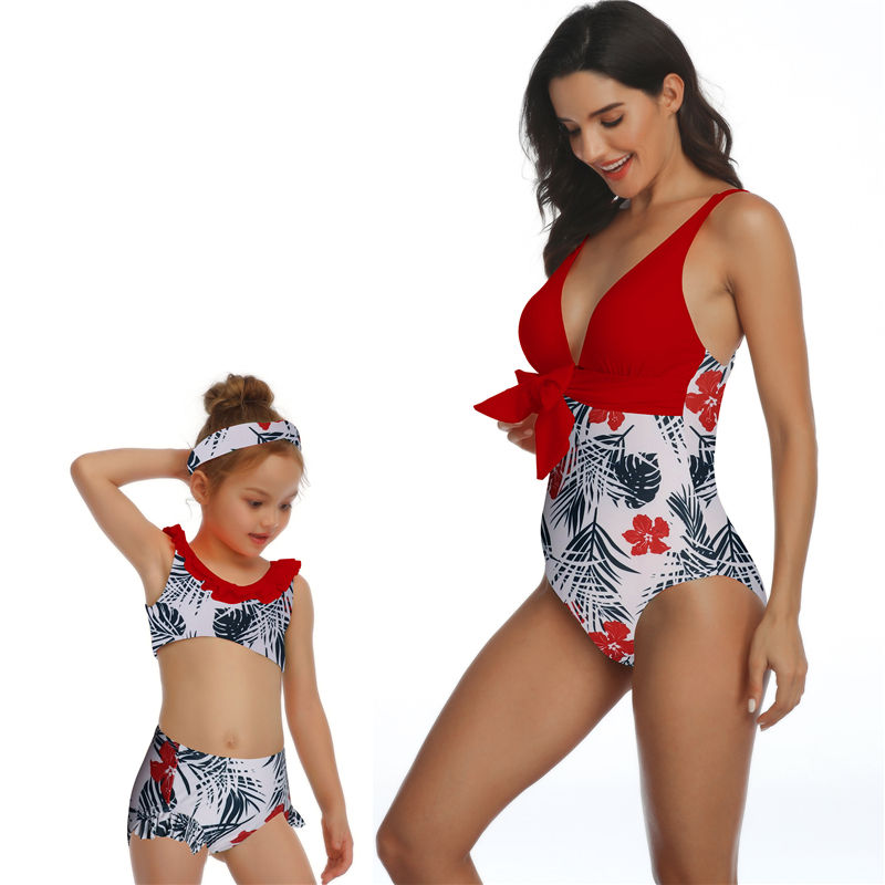 Mommy and Me 2 Piece Bikini Red Floral Swimsuit