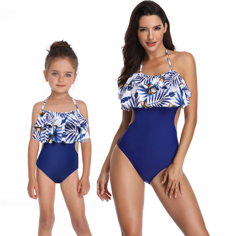 Ruffle Halter Blue Coconuts One Piece Swimsuit