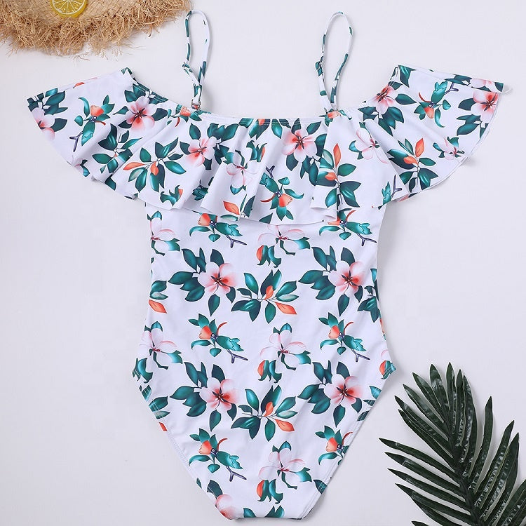 VINTAGE OFF SHOULDER RUFFLED FLORAL SWIMSUIT