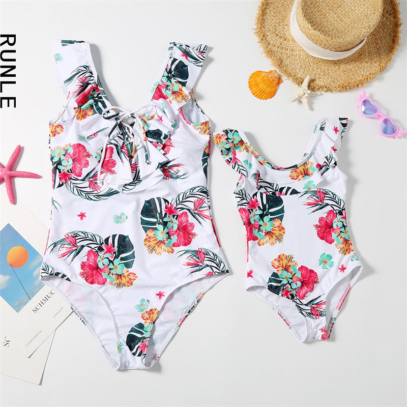 One Piece Ruffle White Floral Swimsuit