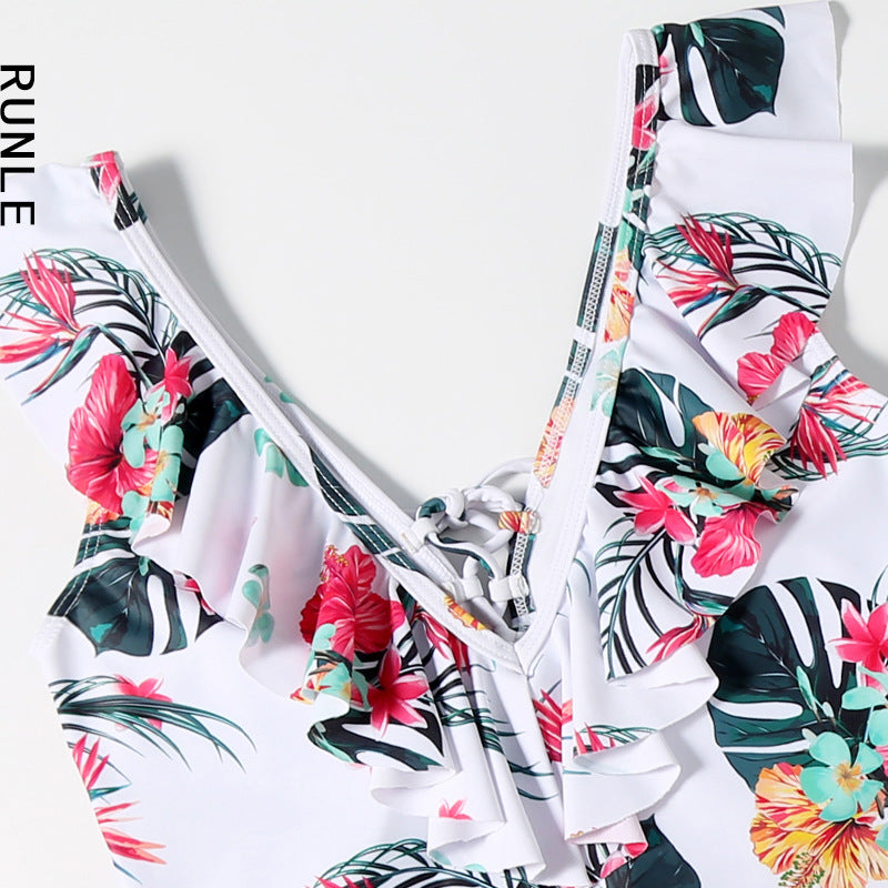 One Piece Ruffle White Floral Swimsuit