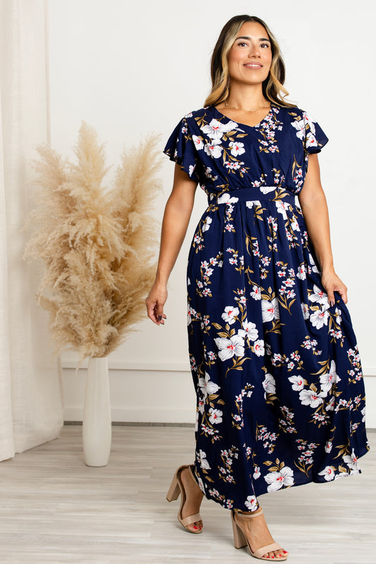Navy Floral Flutter Sleeve Maxi Dress – Clara