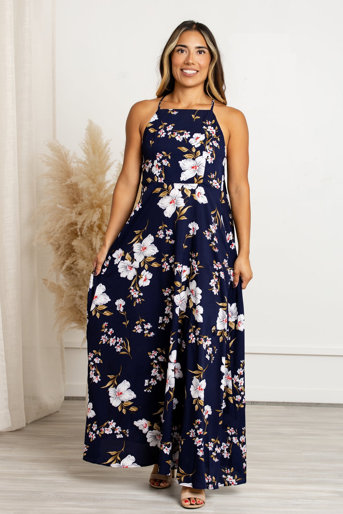 Marina – Navy Floral Backless Maxi Dress