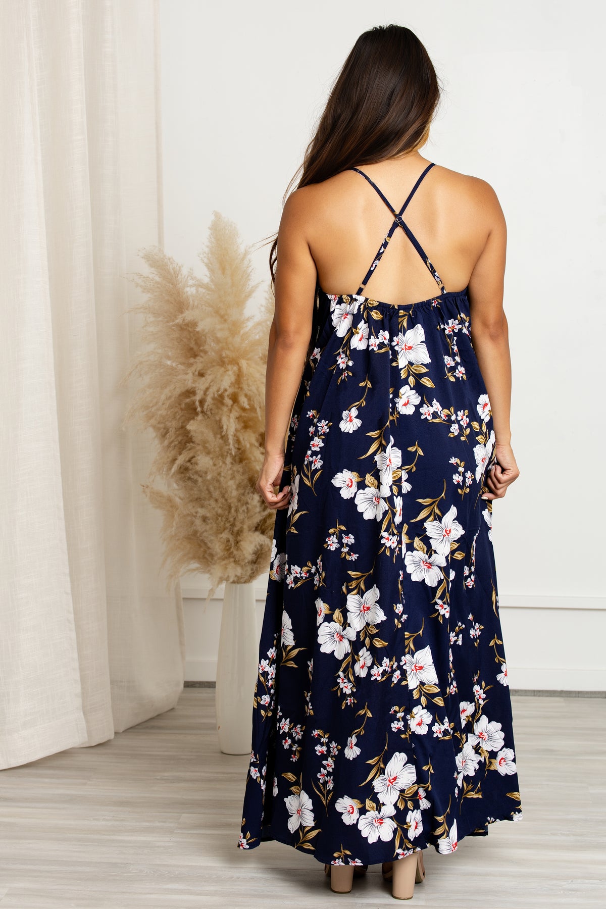 Marina – Navy Floral Backless Maxi Dress, photo 2 of 8