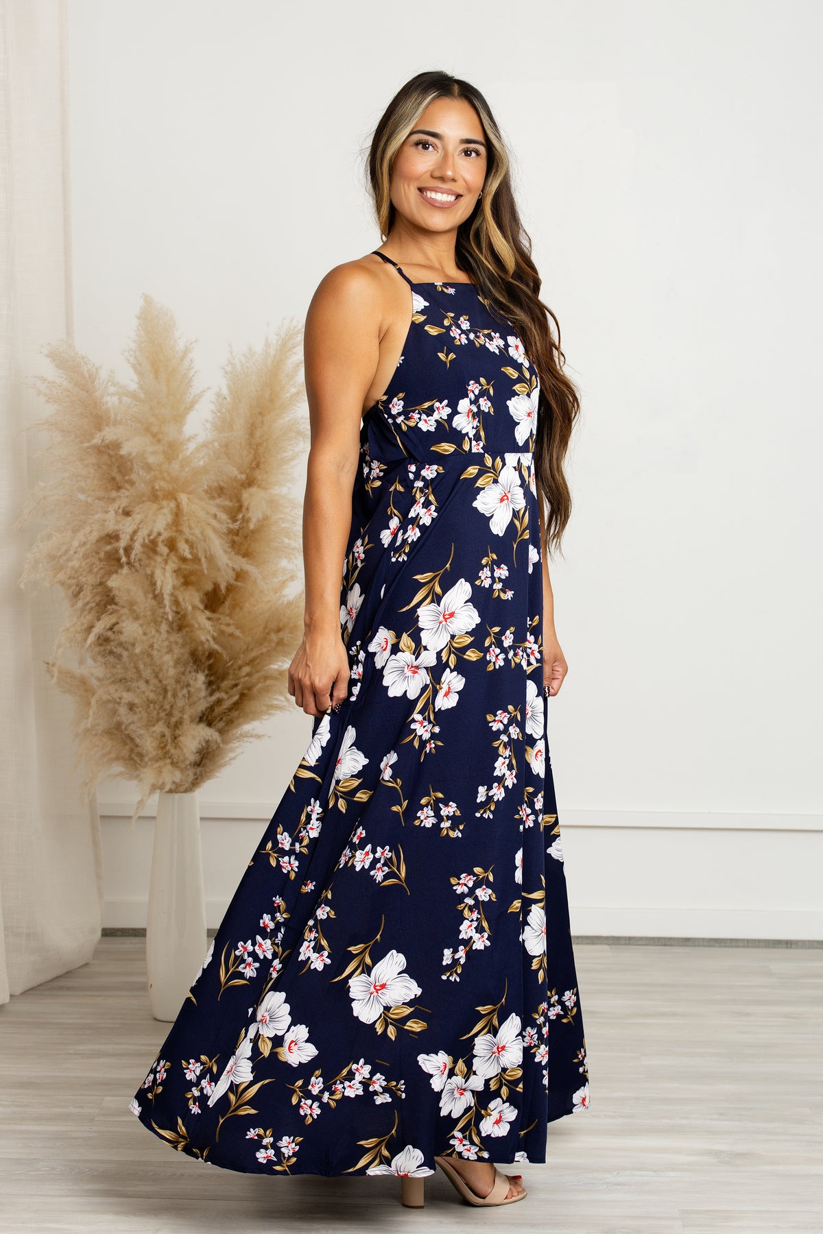 Marina – Navy Floral Backless Maxi Dress, photo 3 of 8