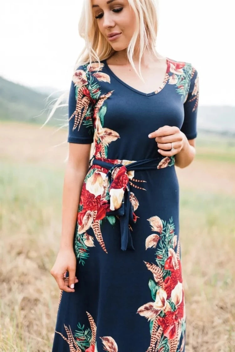 Women Maxi Floral Navy Dress