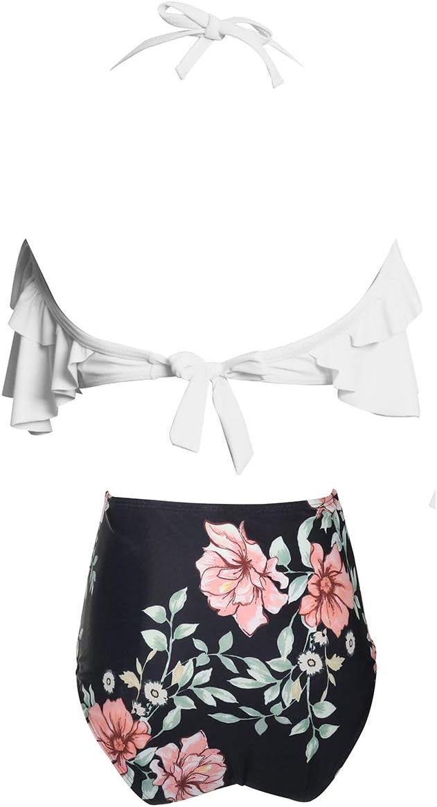 Two Piece Ruffle White/Black Floral Bikini Swimsuit