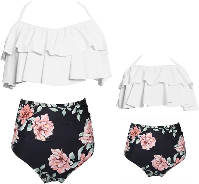 Two Piece Ruffle White/Black Floral Bikini Swimsuit