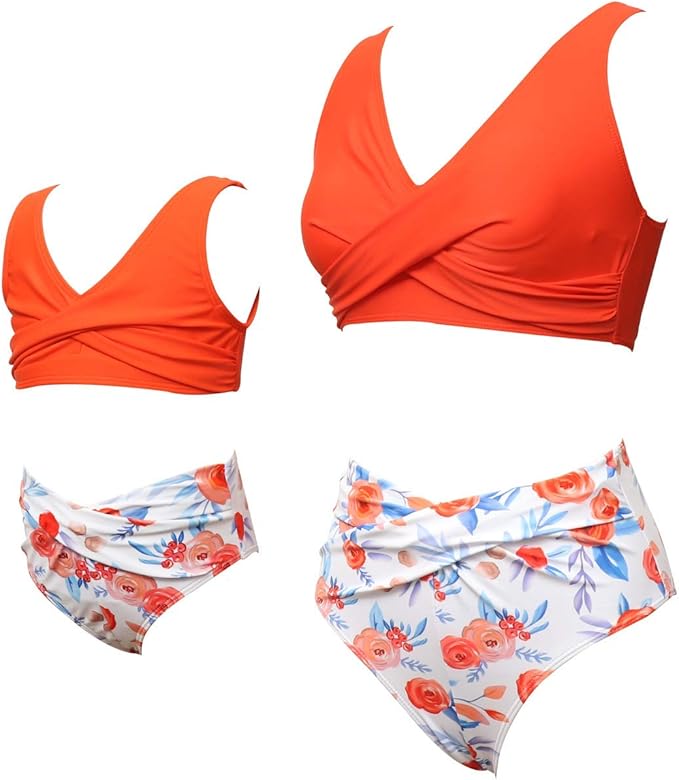 Mommy and Me 2 Piece Bikini Orange Floral Swimsuit