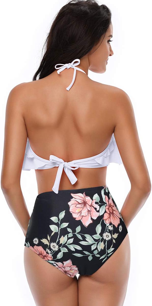 Two Piece Ruffle White/Black Floral Bikini Swimsuit