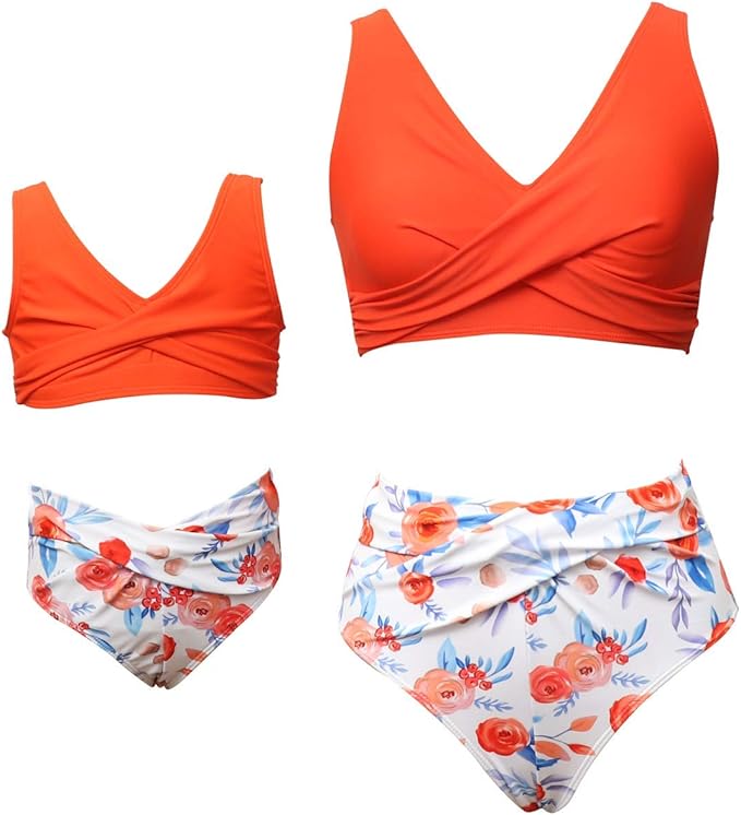 Mommy and Me 2 Piece Bikini Orange Floral Swimsuit