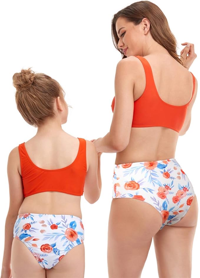 Mommy and Me 2 Piece Bikini Orange Floral Swimsuit