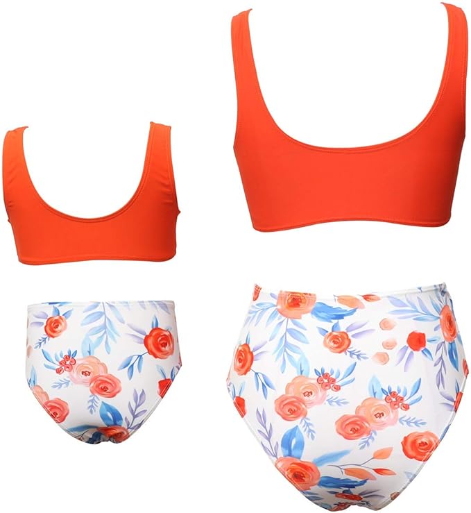 Mommy and Me 2 Piece Bikini Orange Floral Swimsuit