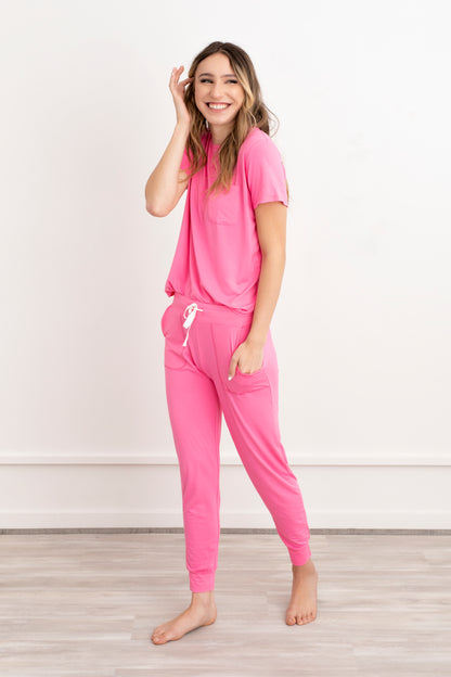 Crew Neck Bamboo Jogger Pants Pajama Set Pink