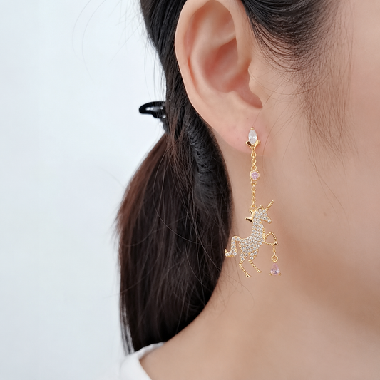 Crystal Unicorn Drop Earrings – Gold with Pink Gem Accents