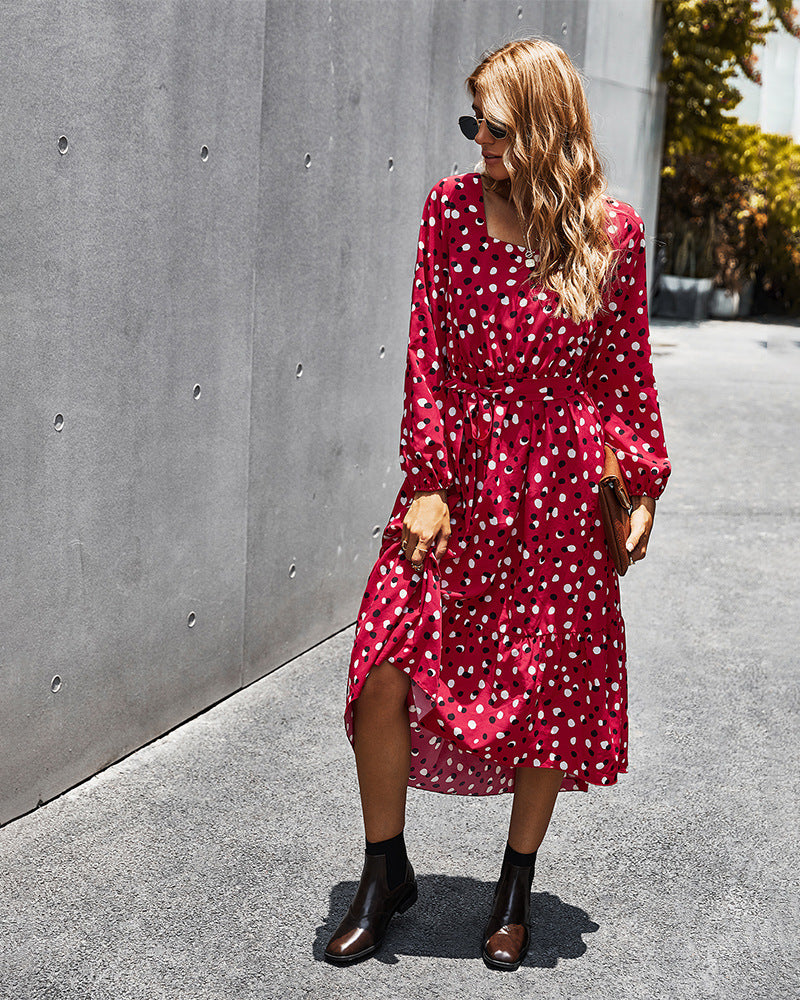 Polka Dot Long Sleeve Women Midi Dress