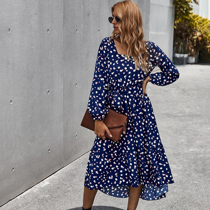 Polka Dot Long Sleeve Women Midi Dress