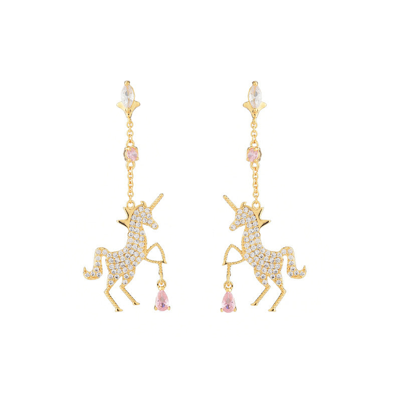Crystal Unicorn Drop Earrings – Gold with Pink Gem Accents