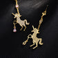 Crystal Unicorn Drop Earrings – Gold with Pink Gem Accents