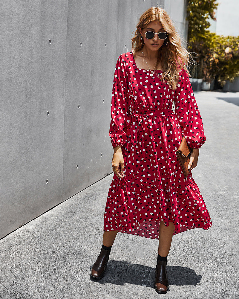 Polka Dot Long Sleeve Women Midi Dress