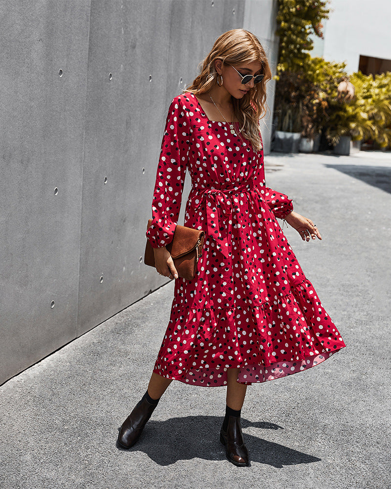 Polka Dot Long Sleeve Women Midi Dress