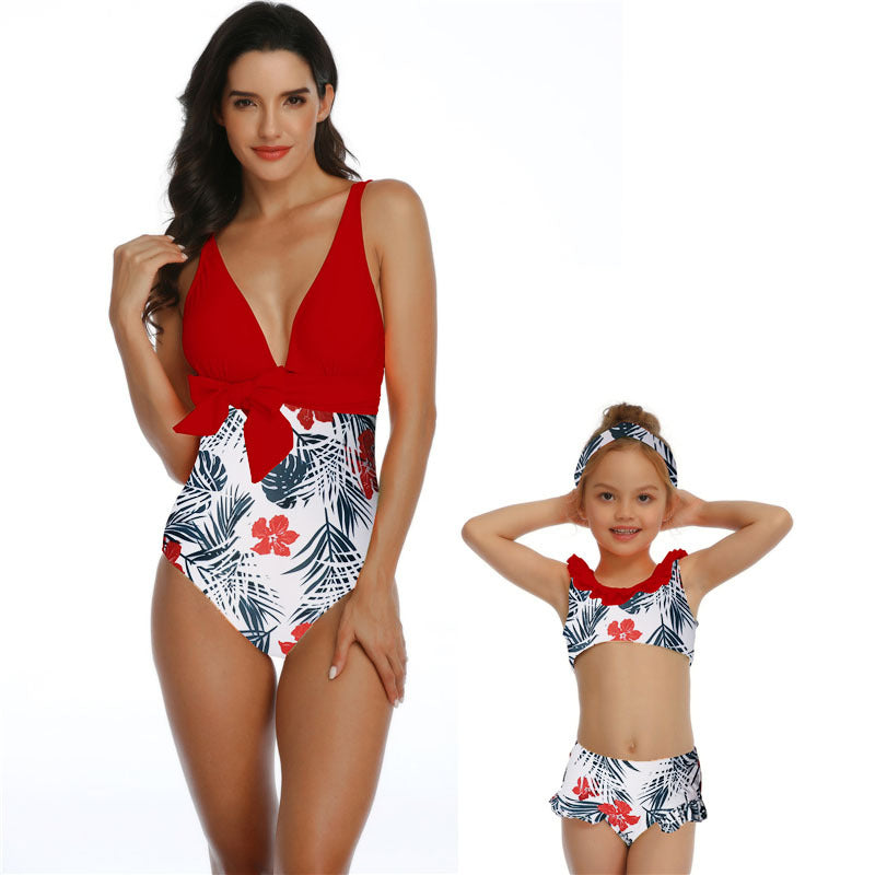 Mommy and Me 2 Piece Bikini Red Floral Swimsuit