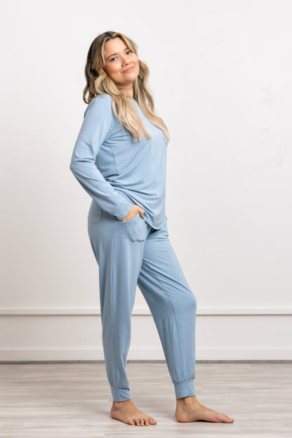 Women Modal Lounge Set in blue, featuring a crew neck long-sleeve top and matching pants, perfect for comfortable lounging.
