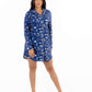 Woodland Night women nightshirt long sleeve in blue with playful print, featuring button-down front and notched collar.