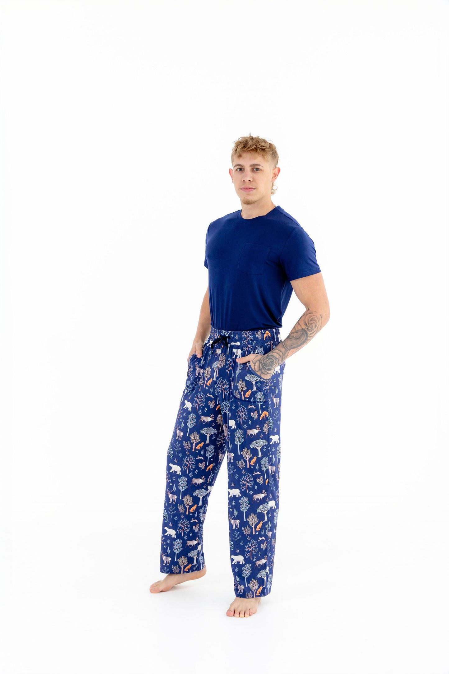 Side view of man modeling Woodland Night modal pajama set with drawstring pants