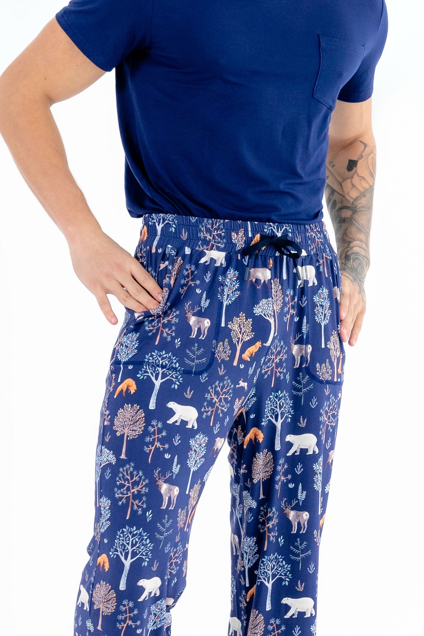 Side view of man modeling Woodland Night modal pajama set with drawstring pants